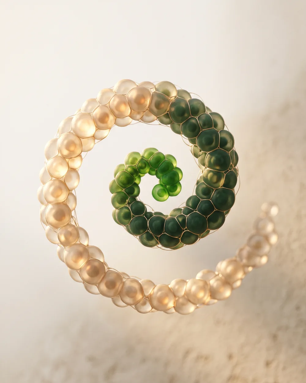 Espiral de células en transición del dorado al verde, símbolo de longevidad saludable