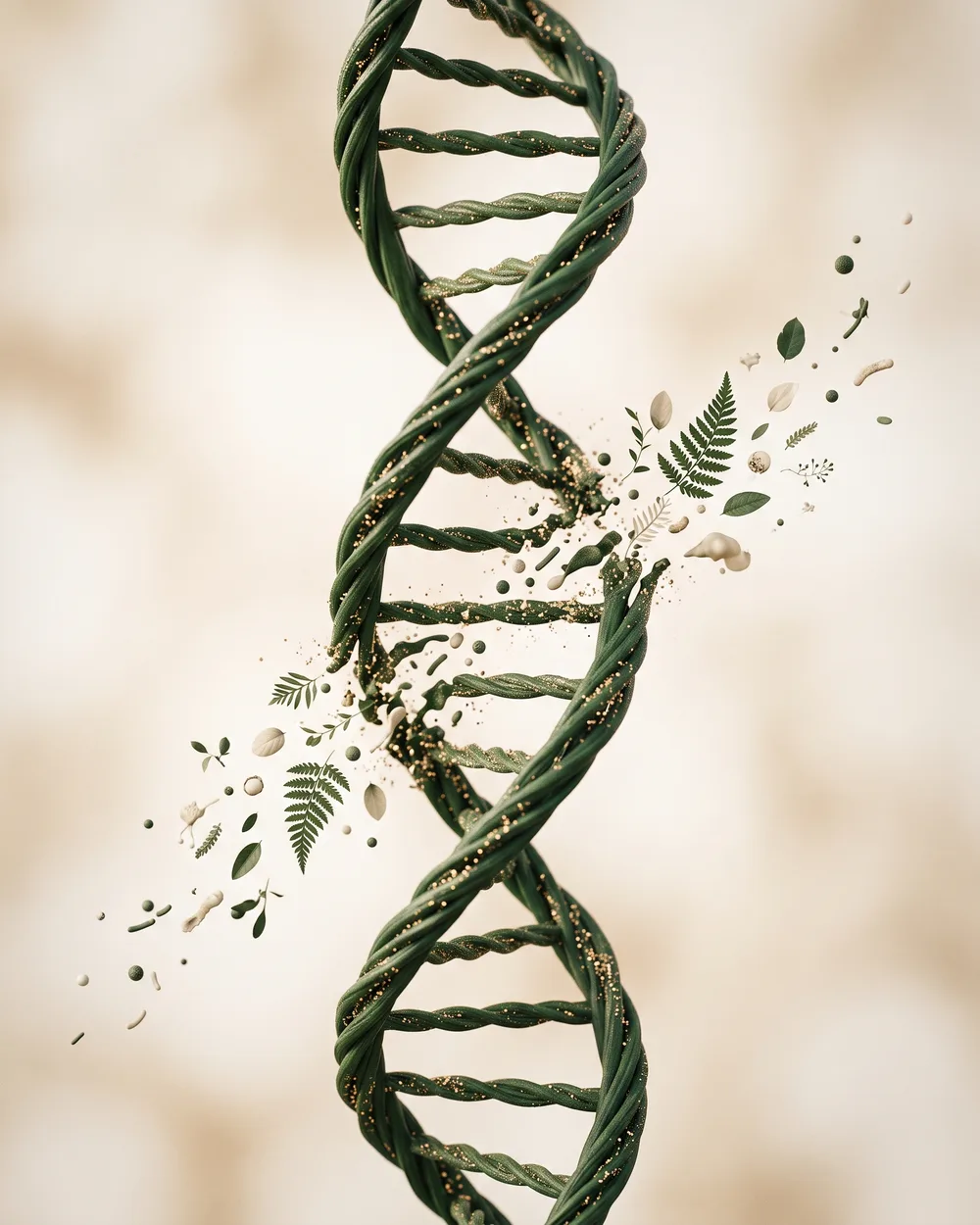 Hélice de ADN verde fundiéndose con hojas, símbolo de la biología de precisión